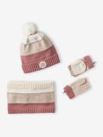 Conjunto gorro + gola snood + luvas de polegar/mitenes colorblock, para menina riscas rosa 