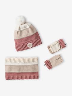 Menina 2-14 anos-Conjuntos-Conjunto gorro + gola snood + luvas de polegar/mitenes colorblock, para menina