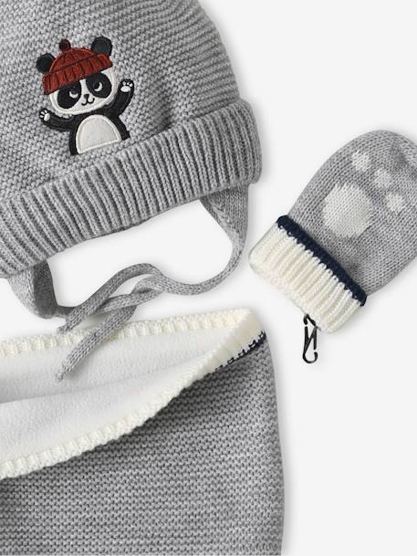 Conjunto Panda com gorro + gola snood + luvas, para bebé menino cinza mesclado 