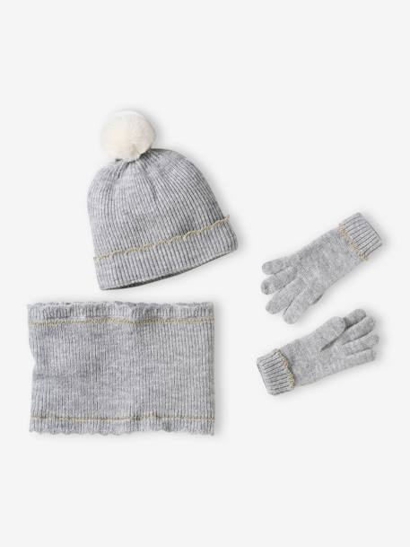 Conjunto gorro + gola snood + luvas/mitenes, para menina cinza mesclado 