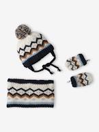 Conjunto de gorro com orelhas + gola snood + luvas em malha jacquard, para bebé menino marinho 