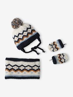 Conjunto de gorro com orelhas + gola snood + luvas em malha jacquard, para bebé menino