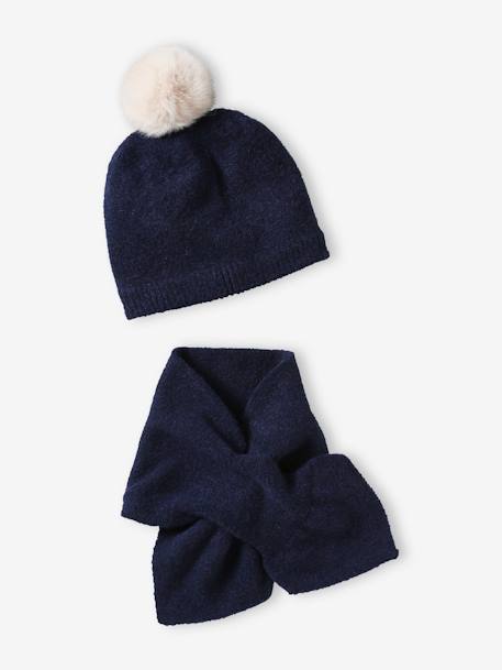 Conjunto gorro com pompom + cachecol, em malha macia, para menina marinho 