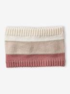 Conjunto gorro + gola snood + luvas de polegar/mitenes colorblock, para menina riscas rosa 