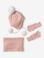 Conjunto gorro + gola snood + luvas, em malha rosado 