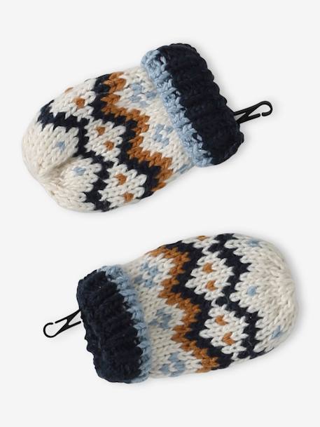 Conjunto de gorro com orelhas + gola snood + luvas em malha jacquard, para bebé menino marinho 