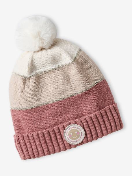 Conjunto gorro + gola snood + luvas de polegar/mitenes colorblock, para menina riscas rosa 