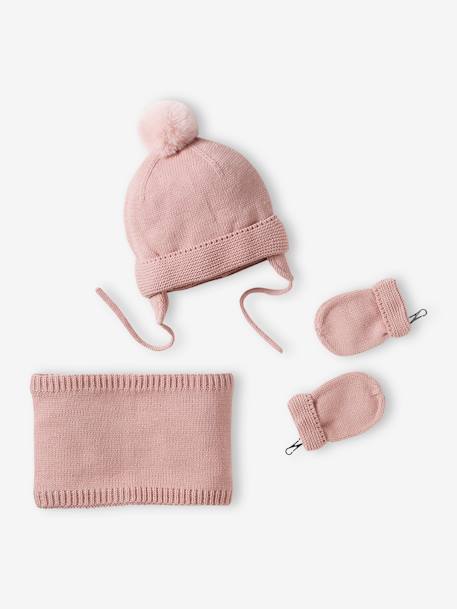 Conjunto gorro + gola snood + luvas de polegar, para bebé menina rosado+rosa-pálido 