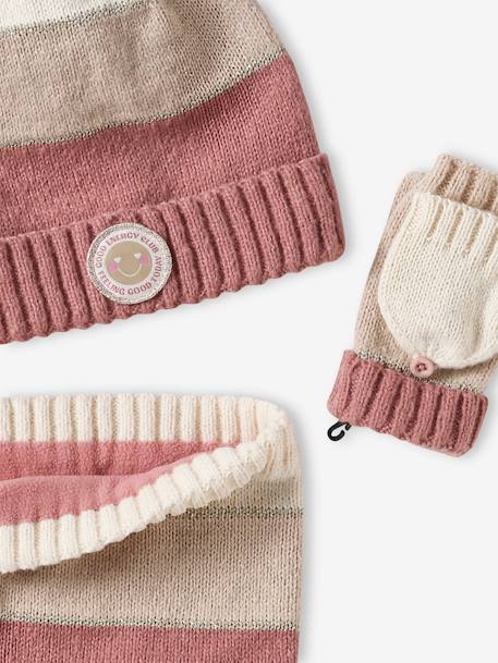 Conjunto gorro + gola snood + luvas de polegar/mitenes colorblock, para menina riscas rosa 