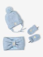 Conjunto Coração com gorro + gola snood + luvas para bebé menina azul-cristalino 