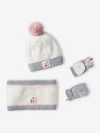 Conjunto gorro + gola snood + luvas/mitenes 'Love' para menina cru 