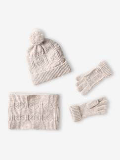 Conjunto gorro + gola snood + mitenes, em malha cintilante aos torcidos