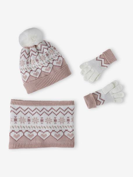 Conjunto de Natal em jacquard, com gorro + gola snood + luvas, para menina rosado 