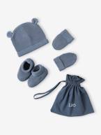 Conjunto gorro, luvas e sapatinhos, bolsa a condizer, para recém-nascido azul-acinzentado+azul-ganga+BRANCO MEDIO LISO+marinho+rosado 