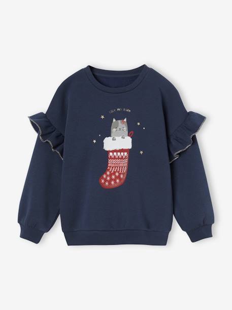 Sweat com folhos, gato fantasia, para menina marinho 