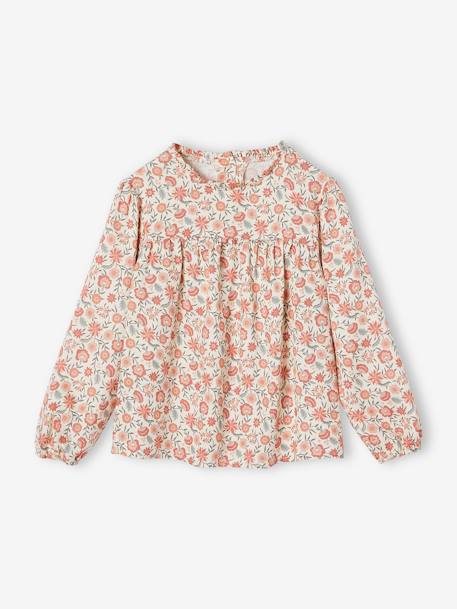 Blusa às flores, para menina azul-índigo+cru+rosado+verde-salva 