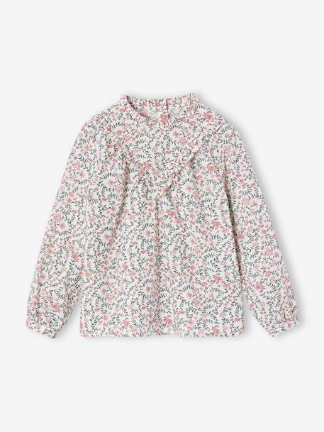 Blusa com gola subida, flores estampadas, para menina cru+marinho 