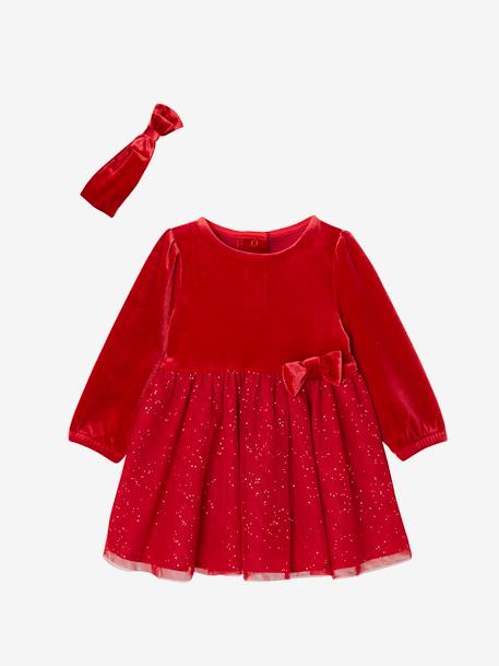 Conjunto de natal, vestido em tule com purpurinas e fita de cabelo, para bebé vermelho 