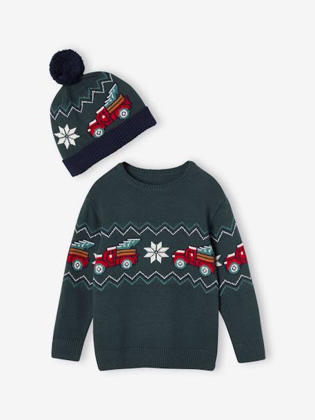 Conjunto de Natal, camisola em jacquard + gorro com pompom, para menino verde-abeto 