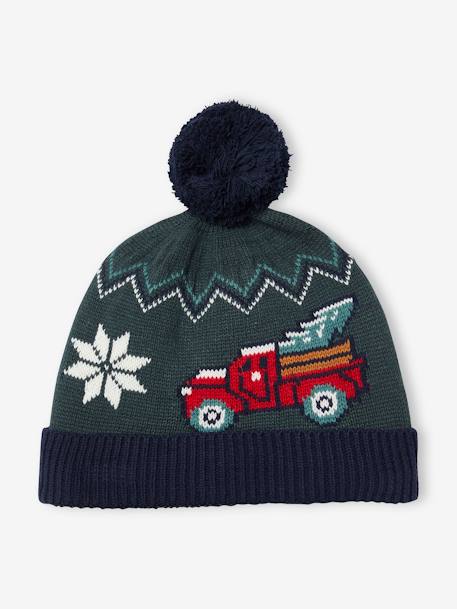 Conjunto de Natal, camisola em jacquard + gorro com pompom, para menino verde-abeto 