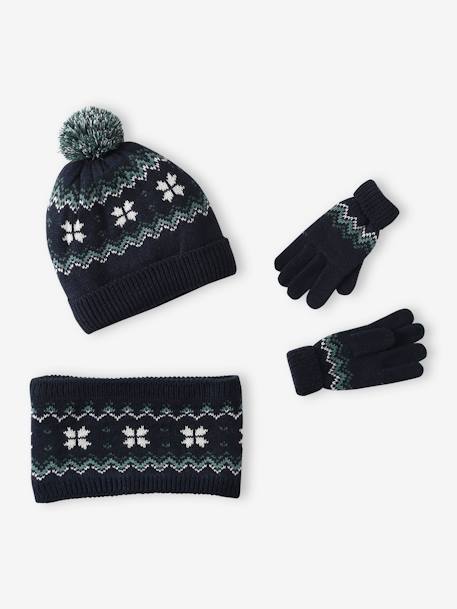 Conjunto de Natal 'flocos', com gorro + gola snood + luvas/mitenes, para menino marinho 