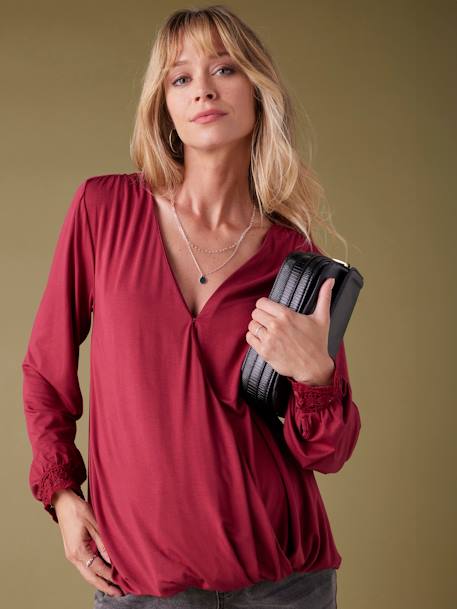 Camisola pré-mamã, efeito blusa cruzada à frente, ENVIE DE FRAISE bordeaux 