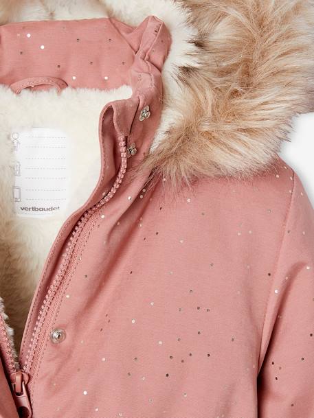 Parka com purpurinas, forrada em imitação pelo, para menina rosa-blush+verde-esmeralda 