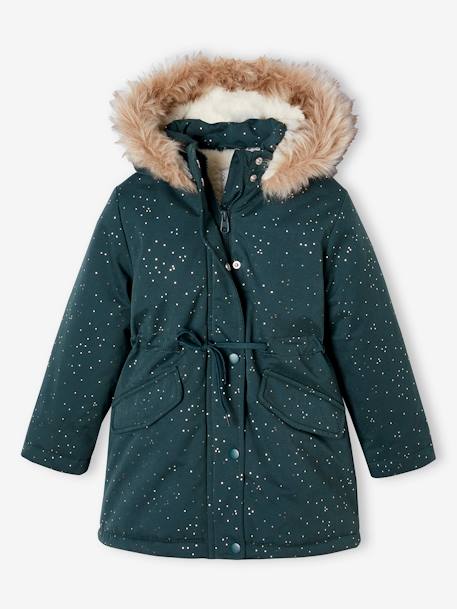 Parka com purpurinas, forrada em imitação pelo, para menina rosa-blush+verde-esmeralda 