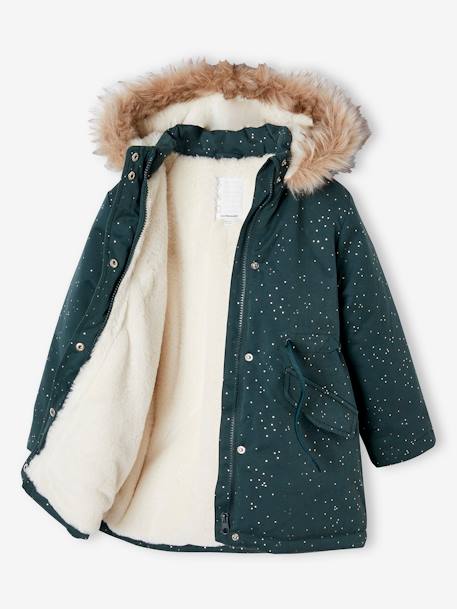 Parka com purpurinas, forrada em imitação pelo, para menina rosa-blush+verde-esmeralda 