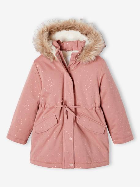 Parka com purpurinas, forrada em imitação pelo, para menina rosa-blush+verde-esmeralda 