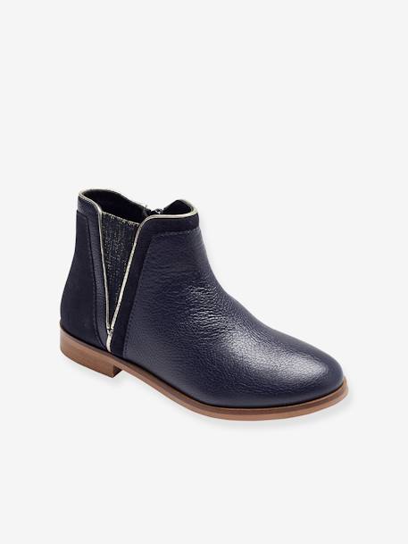 Botas em pele, com fecho e elástico, para menina camelo+marinho+preto 