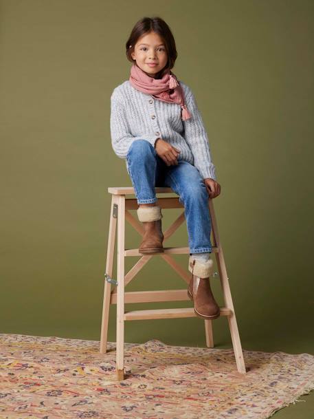 Botas em pele, com forro em pelo e fecho, para menina camelo 