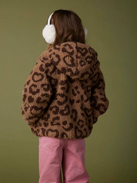 Casaco com capuz, em sherpa estampado leopardo, para menina castanho estampado 