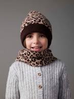 Conjunto leopardo com gorro + gola snood + luvas, para menina castanho estampado 