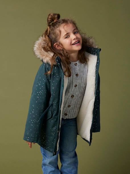 Parka com purpurinas, forrada em imitação pelo, para menina rosa-blush+verde-esmeralda 