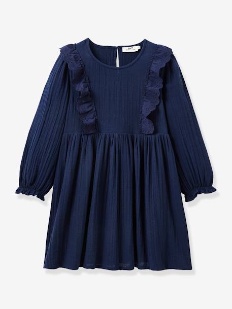 Vestido em gaze de algodão, para menina, da CYRILLUS marinho 