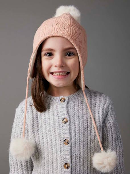 Conjunto gorro + gola snood + luvas, em malha rosado 