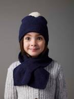 Conjunto gorro com pompom + cachecol, em malha macia, para menina marinho 