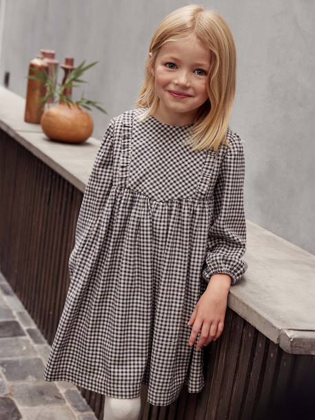 Vestido em vichy, com folhos, para menina quadrados cinzentos 