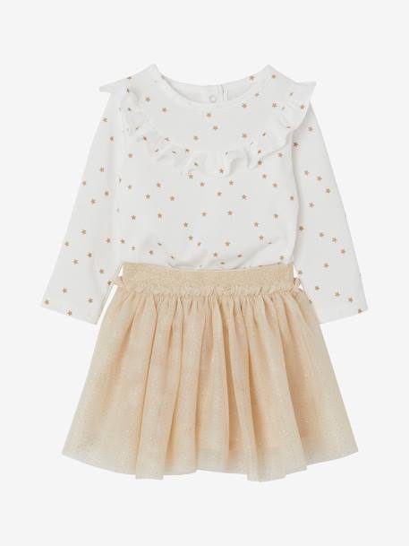 Conjunto de cerimónia, camisola com estrelas + saia brilhante, para bebé menina dourado 