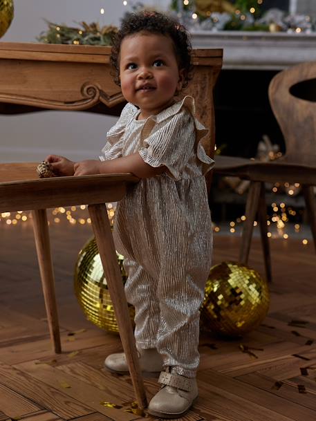 Macacão brilhante, com folhos, para bebé menina dourado 