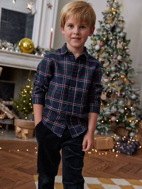 Camisa de Natal, aos quadrados, para menino marinho 