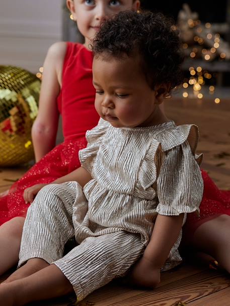 Macacão brilhante, com folhos, para bebé menina dourado 