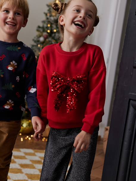 Sweat de Natal, com laço em lantejoulas, para menina vermelho 