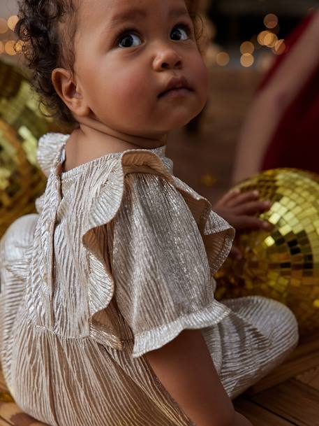 Macacão brilhante, com folhos, para bebé menina dourado 