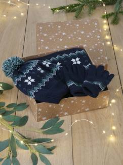 -Conjunto de Natal "flocos", com gorro + gola snood + luvas/mitenes, para menino