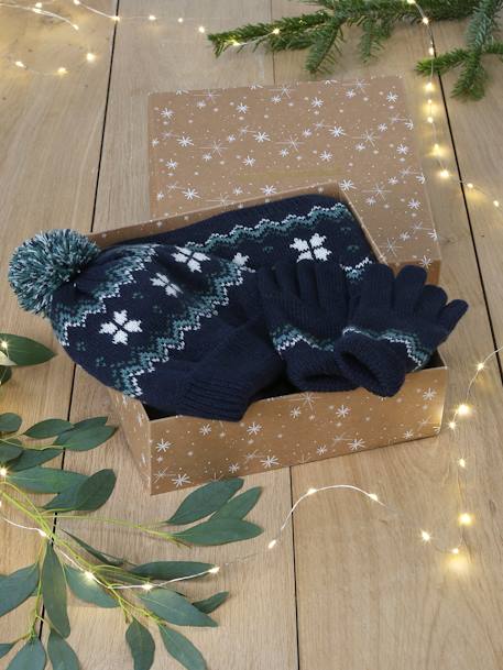 Conjunto de Natal 'flocos', com gorro + gola snood + luvas/mitenes, para menino marinho 