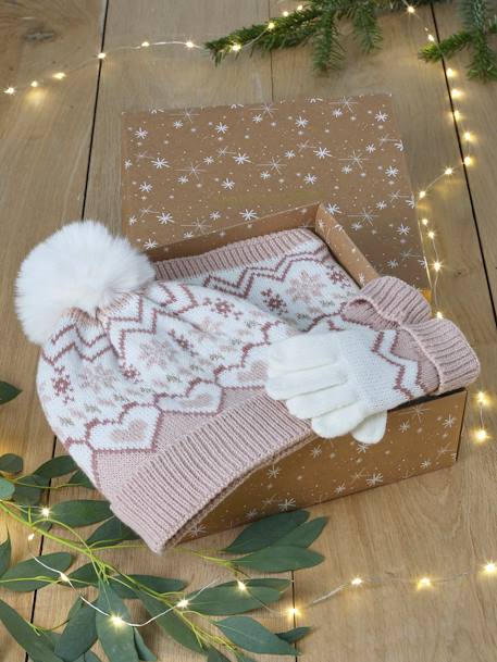 Conjunto de Natal em jacquard, com gorro + gola snood + luvas, para menina rosado 