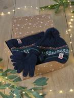 Caixa presente de Natal, gorro + gola snood + luvas, para menino verde-abeto 