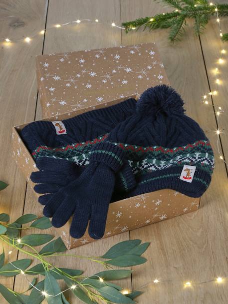 Caixa presente de Natal, gorro + gola snood + luvas, para menino verde-abeto 